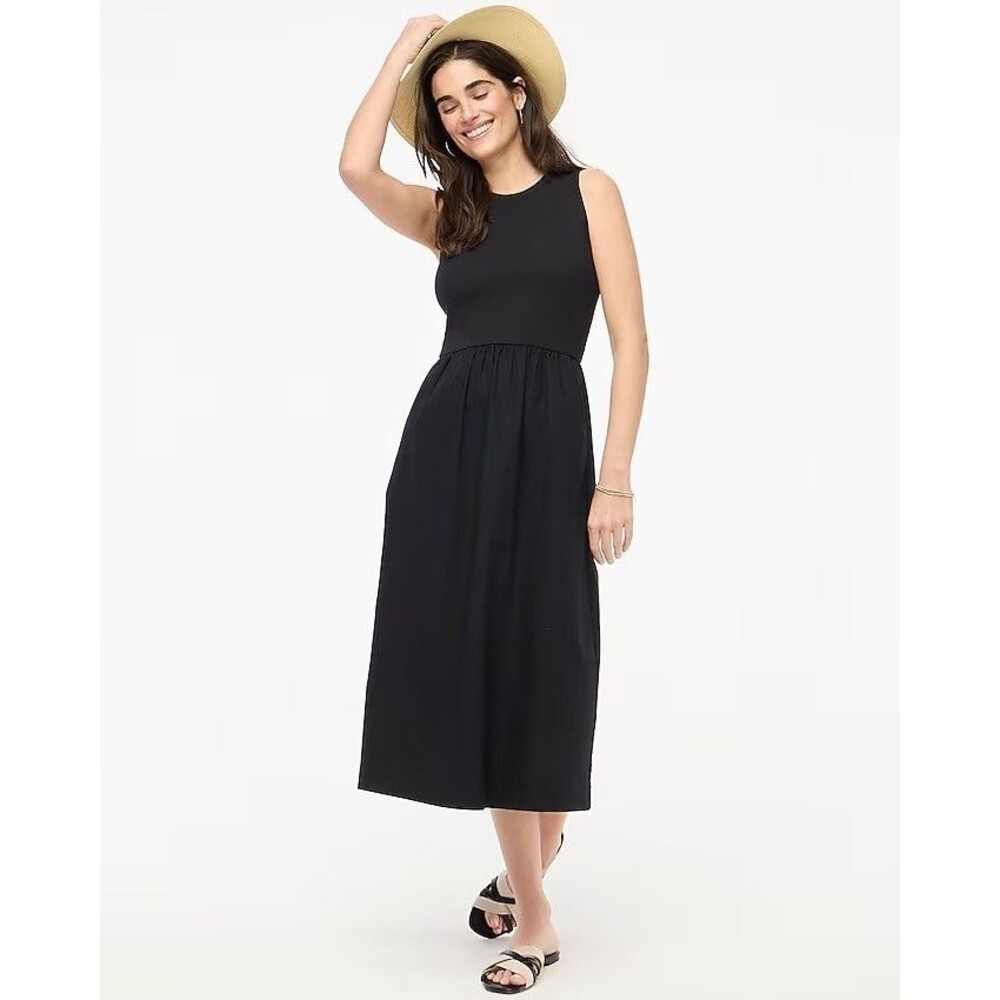 J.CREW Ribbed-Knit Mixy Dress M  Black Knit Woven Tank Midi Crewneck NWT B8